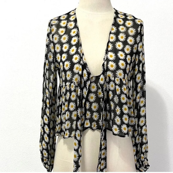 Sheer Daisy Crop Tie Front Top - Picture 2 of 4